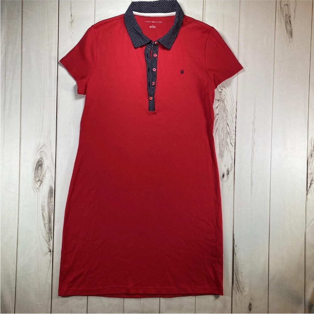 Tommy Hilfiger Shirt Dress Womens Medium Red Polo Polka Dot Collar Cotton